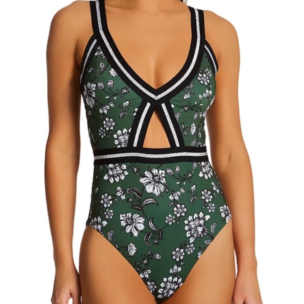 Sanctuary green white black floral one-piece swimsuit, keyhole cutout, S